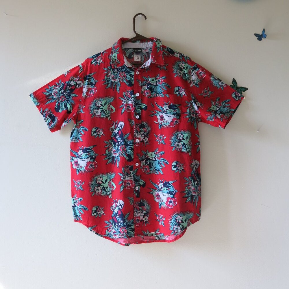 Disney Star Wars Baby Yoda Tropical Hawaiian Cotton Button Up Shirt Size M